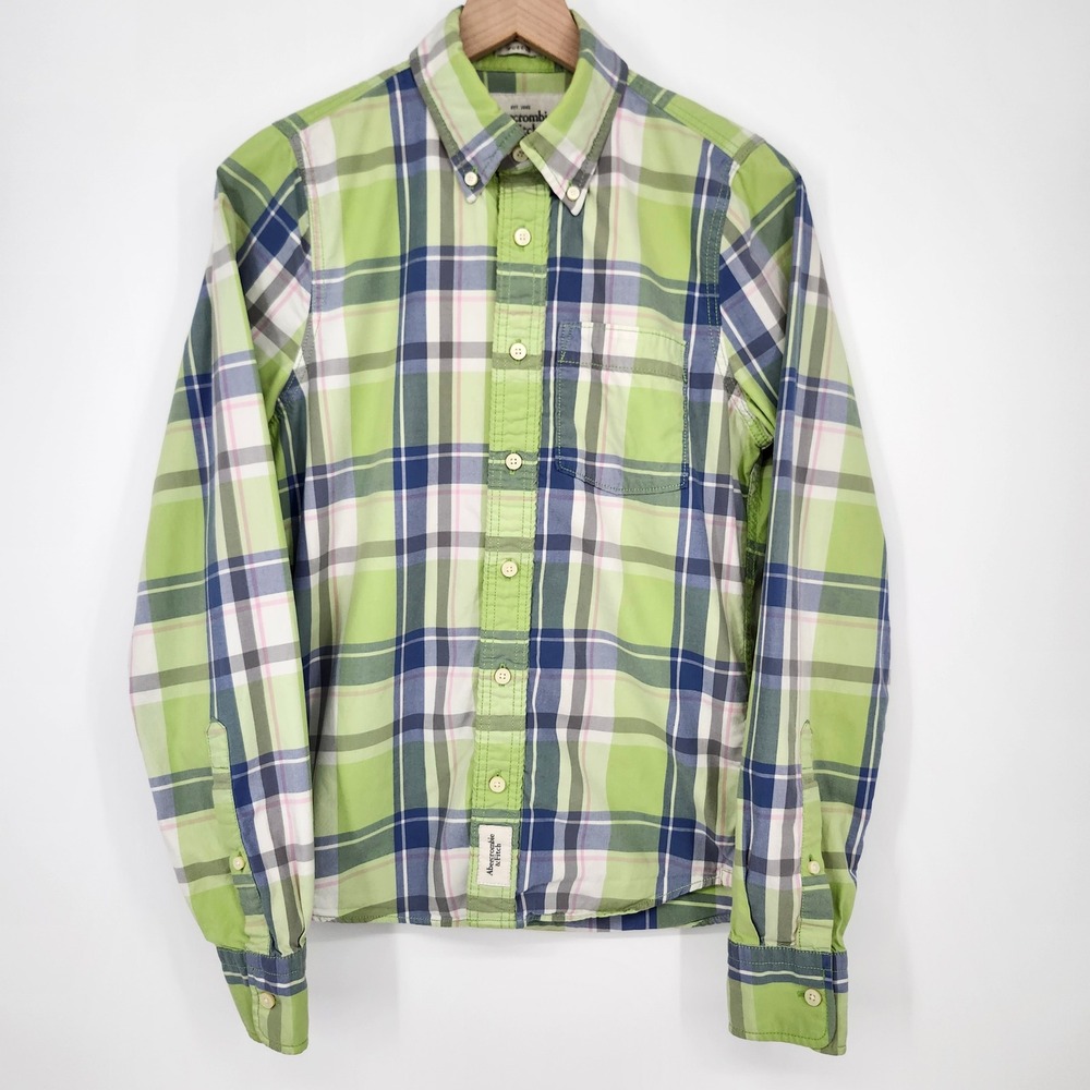 Abercrombie Fitch Mens Muscle Fit Shirt Small Green Blue Plaid Frat Boy Prep - Picture 2 of 10